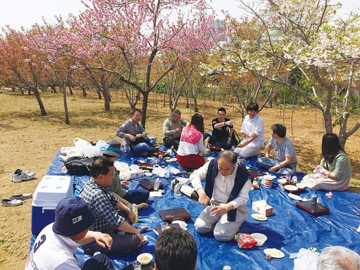 合同で花見を楽しんだ新潟県人会と山梨県人会の会員